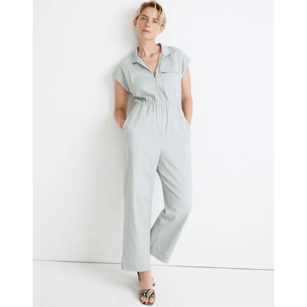 Madewell Short-Sleeve Zip-Pocket Coverall Jumpsuit - Sage Mist Light Green